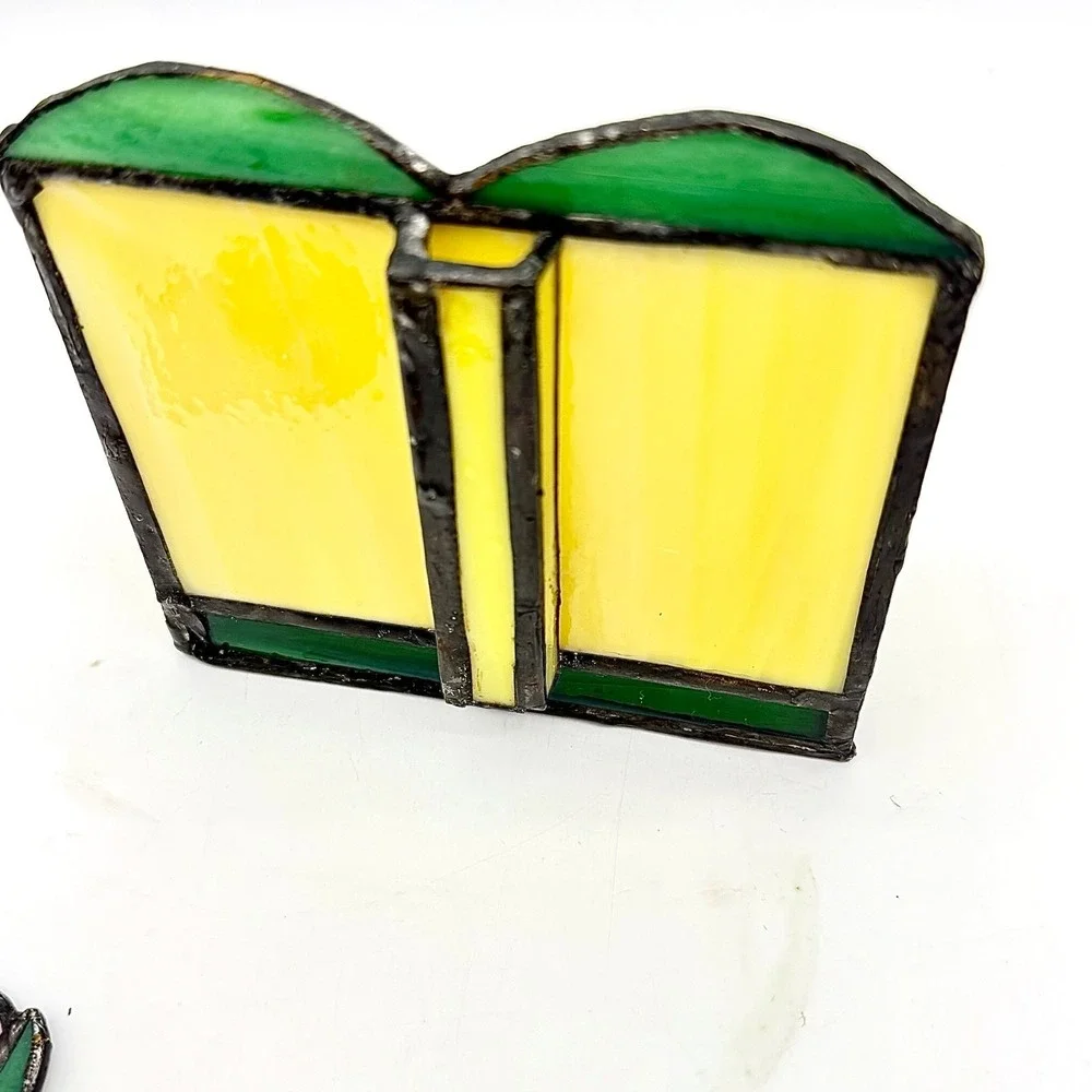 Vintage Stained Slag Glass‎ Letter Holder Mail Organizer Flower Opener Yellow